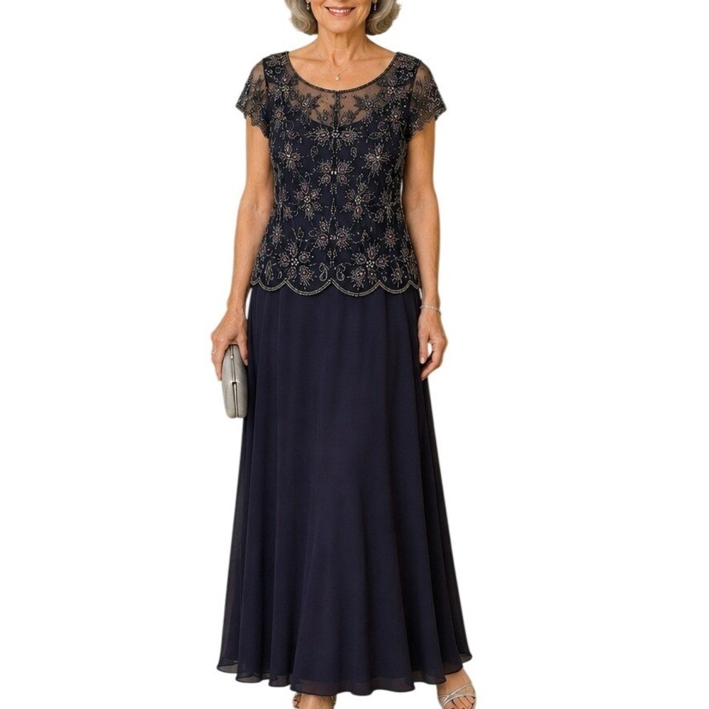 J Kara Purple Beaded Floral Chiffon Gown Mother of the Bride Dress 12 Petite